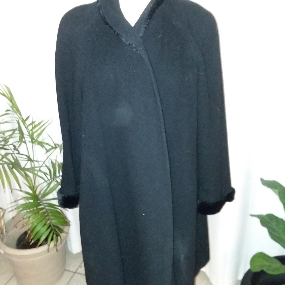 Ann Klein II black wool coat with faux fur trim.